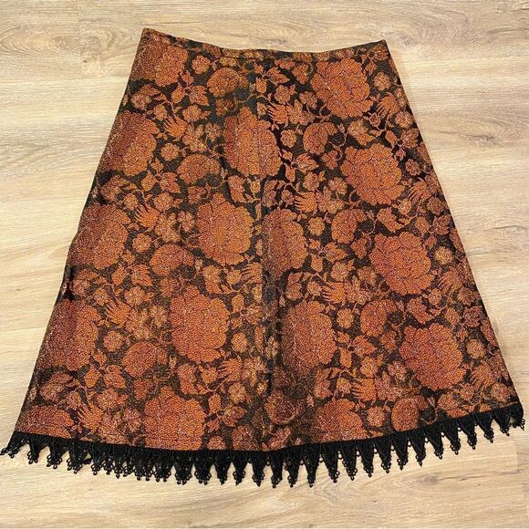 NEW ANNI KUAN A-LINE BRONZE & BLACK SEMI METALLIC ACCENT LACED HEM MIDI SKIRT 4 - Picture 1 of 14